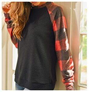 A Girl Thing Black and Red Plaid Sleeve Top